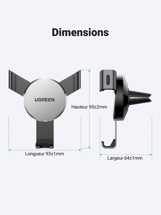 UGREEN Support Téléphone Voiture Gravité Grille Aération Porte Smartphone Voiture Ventilation Accroche Téléphone Auto Compatible avec iPhone 17 Pro Max Air 16 15 14 Galaxy S25 Ultra S24 (Gris)
