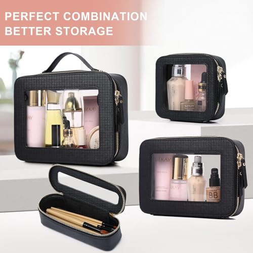 Pinkmik Trousse de maquillage transparente étanche pour cosmétiques et articles de toilette pour femme - Organiseur de sac à main et sac de voiture transparent avec fermeture éclair (noir, M + MINI)