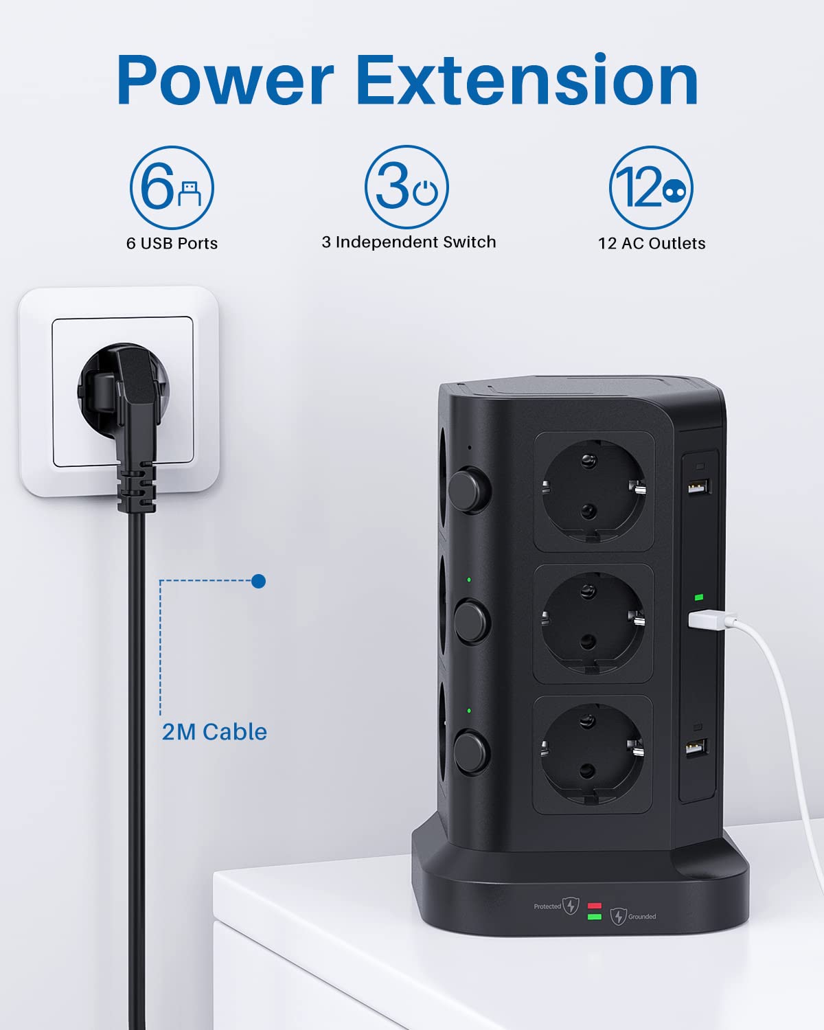 KOOSLA Tour multiprise parafoudre et surtension(4000W/16A), Multiprise Electrique avec 6 Ports USB et 12 Prises, multiprise avec et 3 Interrupteurs, 2M Cordon, Noir