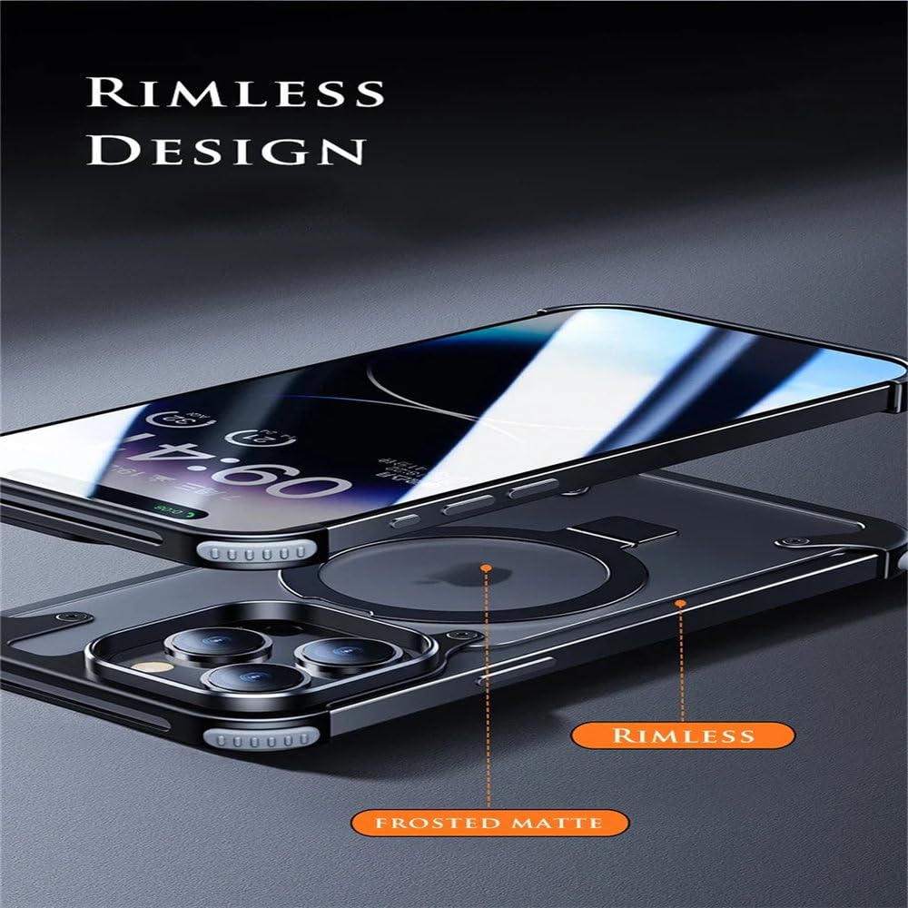 Coque de téléphone sans Monture avec Support en Aluminium magnétique pour iPhone 13 14 15 Pro Max 15 Plus Coque de téléphone en métal avec lentille Couverture arrière mate givrée, Noir, pour iPhone 15