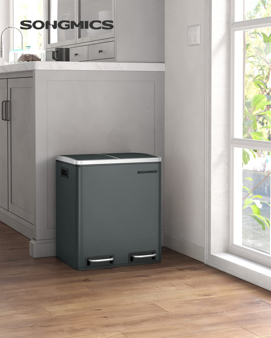 SONGMICS Poubelle Cuisine, 2 x 15L, Poubelle Tri, avec Pédale, 2 Compartiments, 15 Sacs Poubelles, Seaux Intérieurs, Couvercles en Douceur, en Acier, Gris Verdâtre LTB30GS