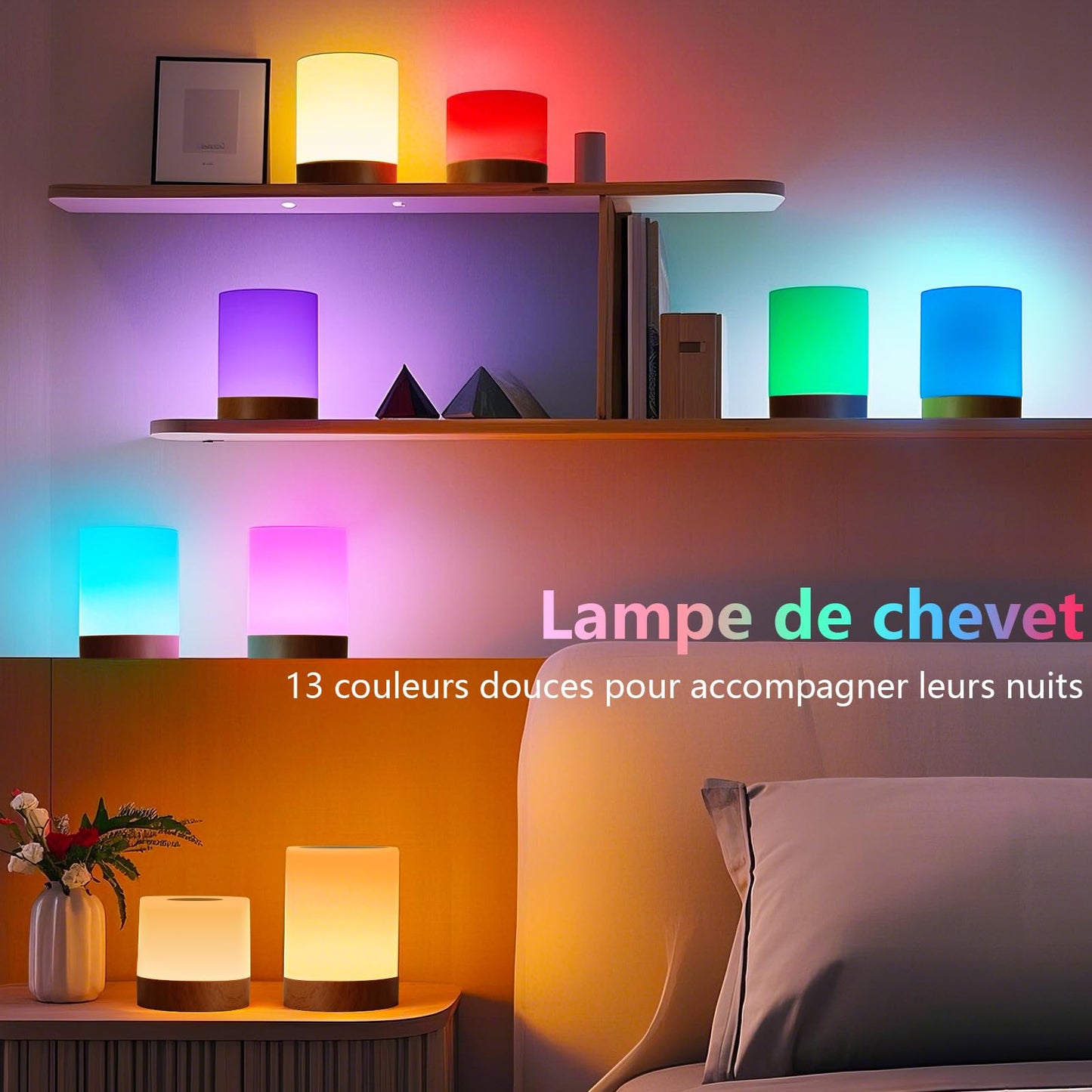 VKH Lampe de chevet LED RGB sans fil tactile et dimmable avec télécommande, veilleuse rechargeable USB pour chambre, lampe de table décorative – Modèle Cylindre Haut