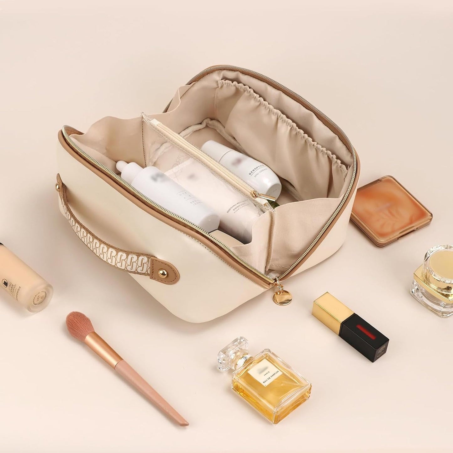 Prite Grande Capacité Trousse de Maquillage pour Femme Trousse de Toilette en Cuir PU Vanity Imperméable pour Voyage avec Séparateur Transparent et Poignée (Beige)