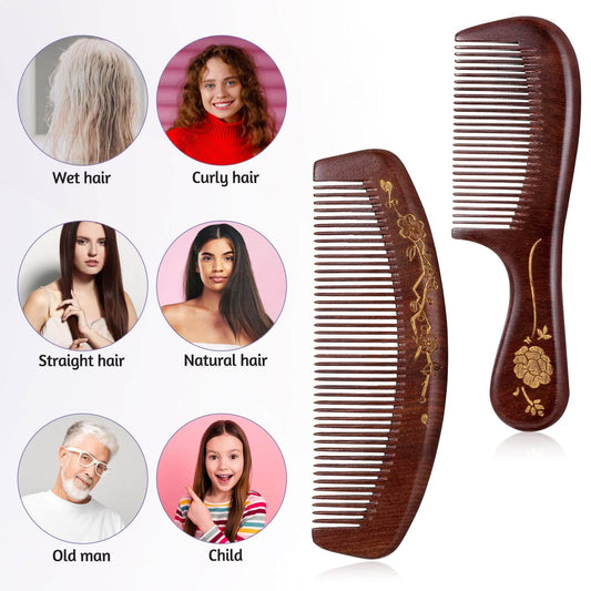 Lot de 2 peignes à cheveux en bois de santal pour femme - Peigne démêlant antistatique, à dents fines - Pour cheveux humides, secs, bouclés, fins, épais, ondulés et raides
