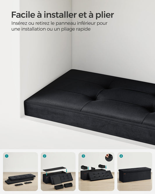 SONGMICS Banc de Rangement, Pouf Pliable, 38 x 110 x 38 cm, Bout de Lit, Repose-Pieds, Coffre de Rangement, Charge jusqu'à 300 kg, pour Salon, Chambre, Entrée, Noir d'encre LSF277B01