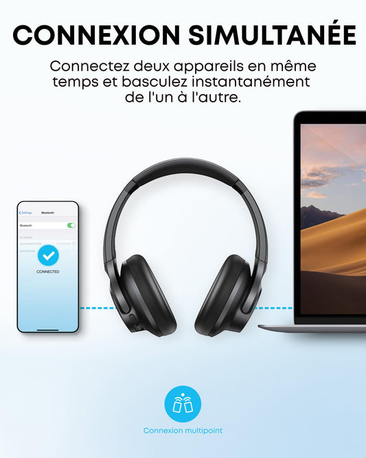Soundcore Q20i Casque Bluetooth sans fil reducteur de bruit hybride active by Anker, Casque Over Ear, jusqu'à 40 Heures d'autonomie en mode ANC, Hi-Res Audio, Basses Profondes,Personnalisation via App