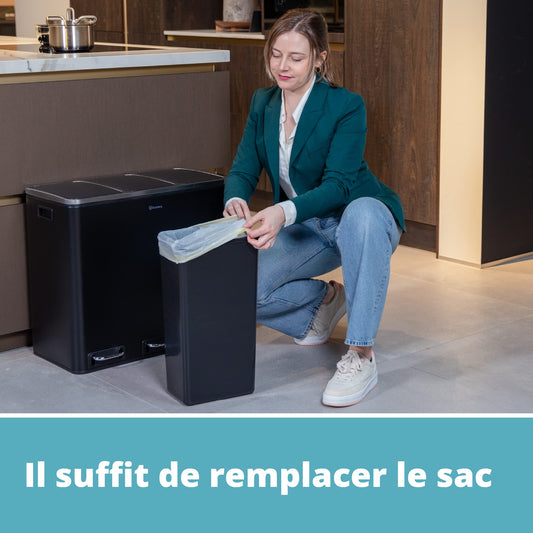 Homra Sparq Poubelle Tri Selectif 3 Bac | Poubelle Cuisine 54 Litres Acier inoxydable | Poubelle à Pédale 3x18 litres | Déchets et recyclage | 3 Bacs Amovibles et Fermeture Douce | Inox Noir