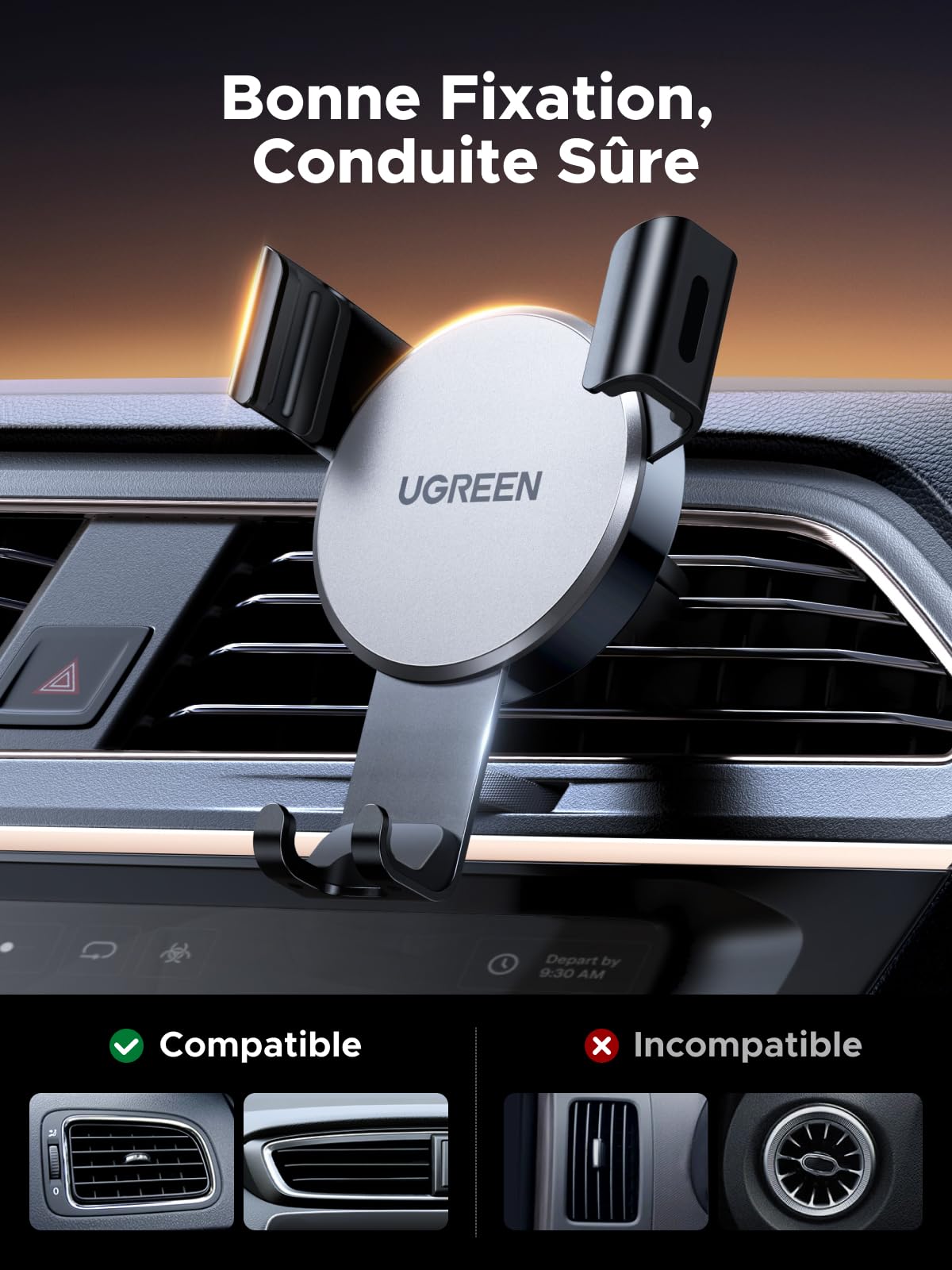 UGREEN Support Téléphone Voiture Gravité Grille Aération Porte Smartphone Voiture Ventilation Accroche Téléphone Auto Compatible avec iPhone 17 Pro Max Air 16 15 14 Galaxy S25 Ultra S24 (Gris)