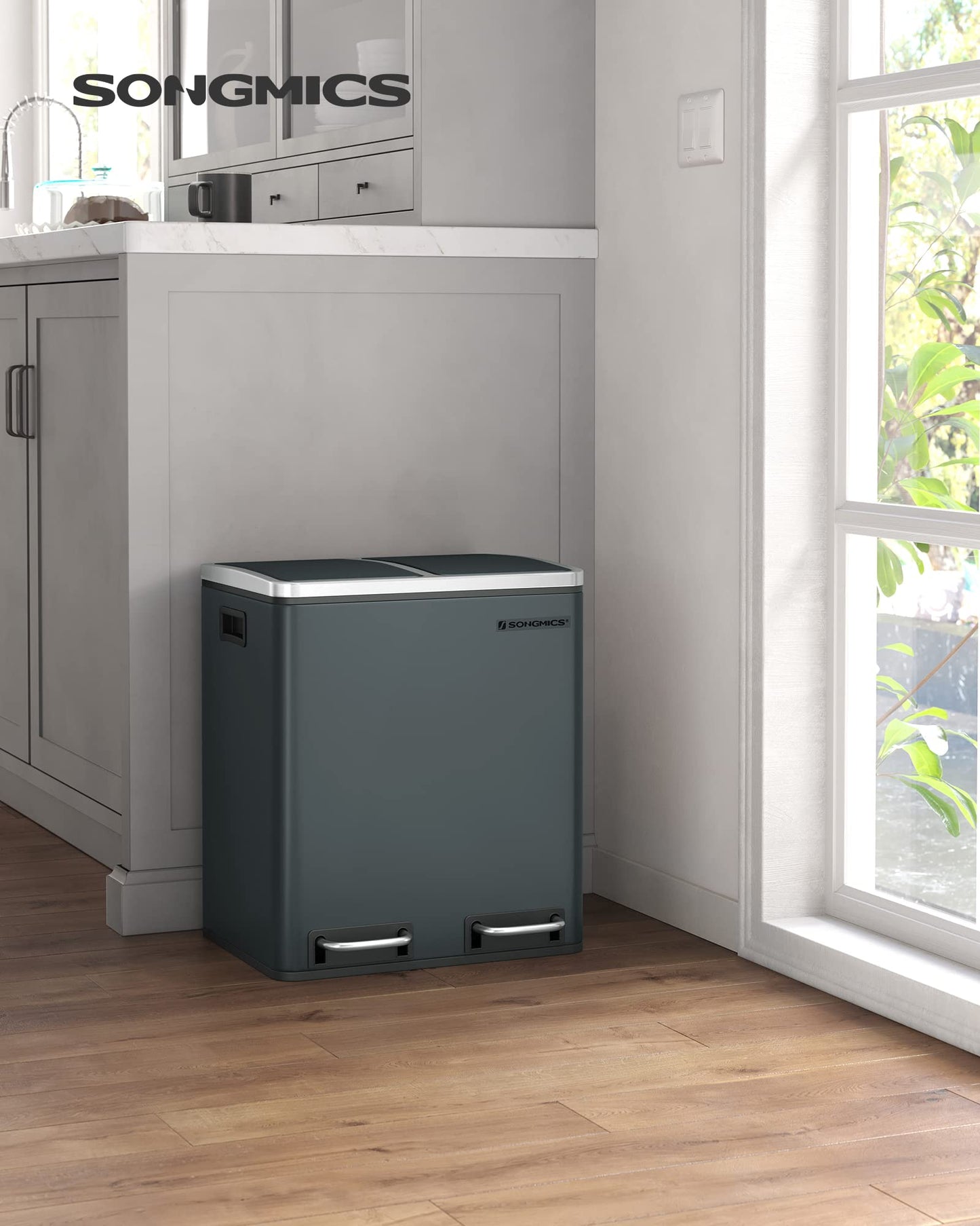 SONGMICS Poubelle Cuisine, 2 x 15L, Poubelle Tri, avec Pédale, 2 Compartiments, 15 Sacs Poubelles, Seaux Intérieurs, Couvercles en Douceur, en Acier, Gris Verdâtre LTB30GS