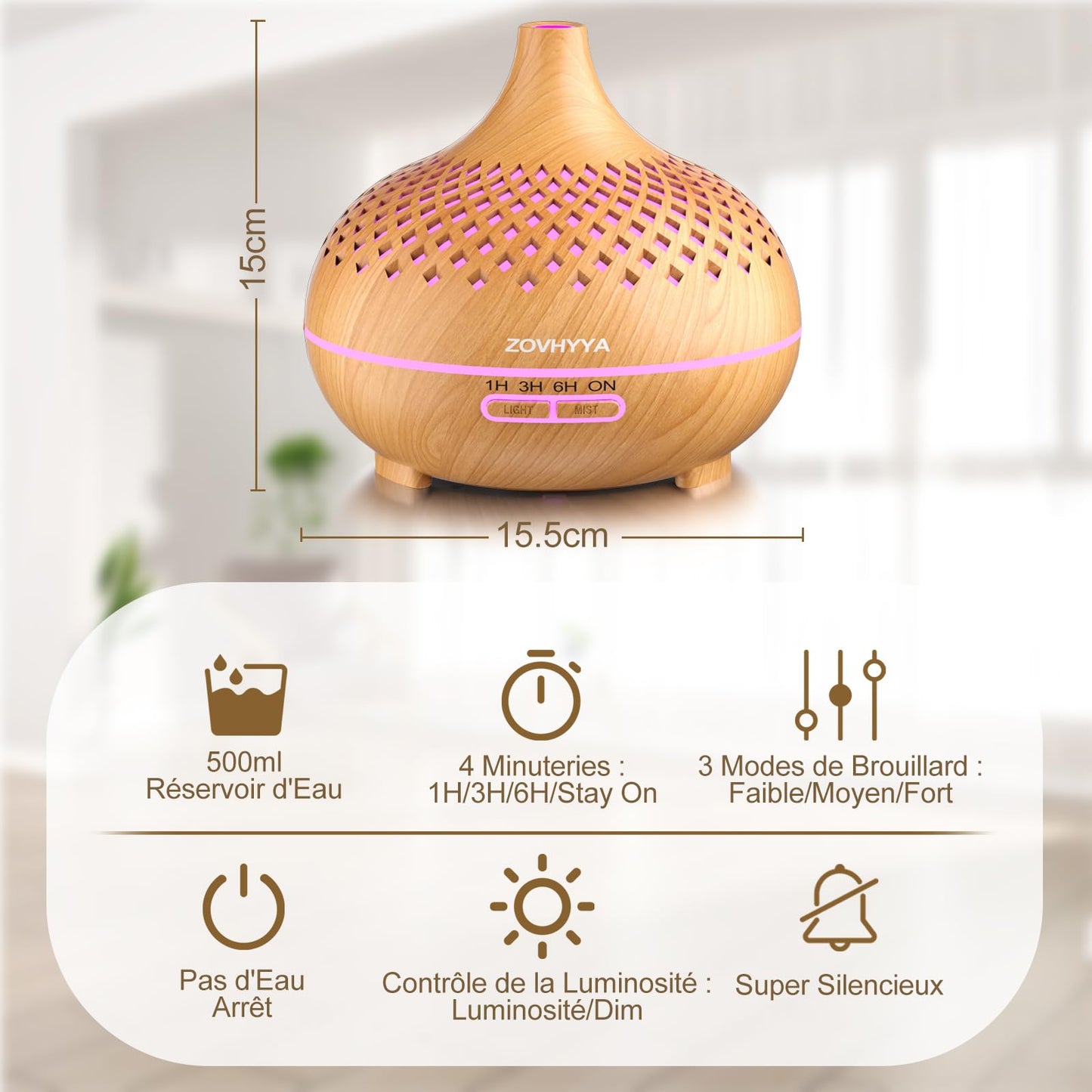 ZOVHYYA Diffuseur Huiles Essentielles 500ML Diffuseur Arômes Humidificateurs Diffuseur 14 LED avec Télécommande 3 Minuterie et Arrêt Automatique pour Salon Chambre Yoga comme Cadeau Anniversaire
