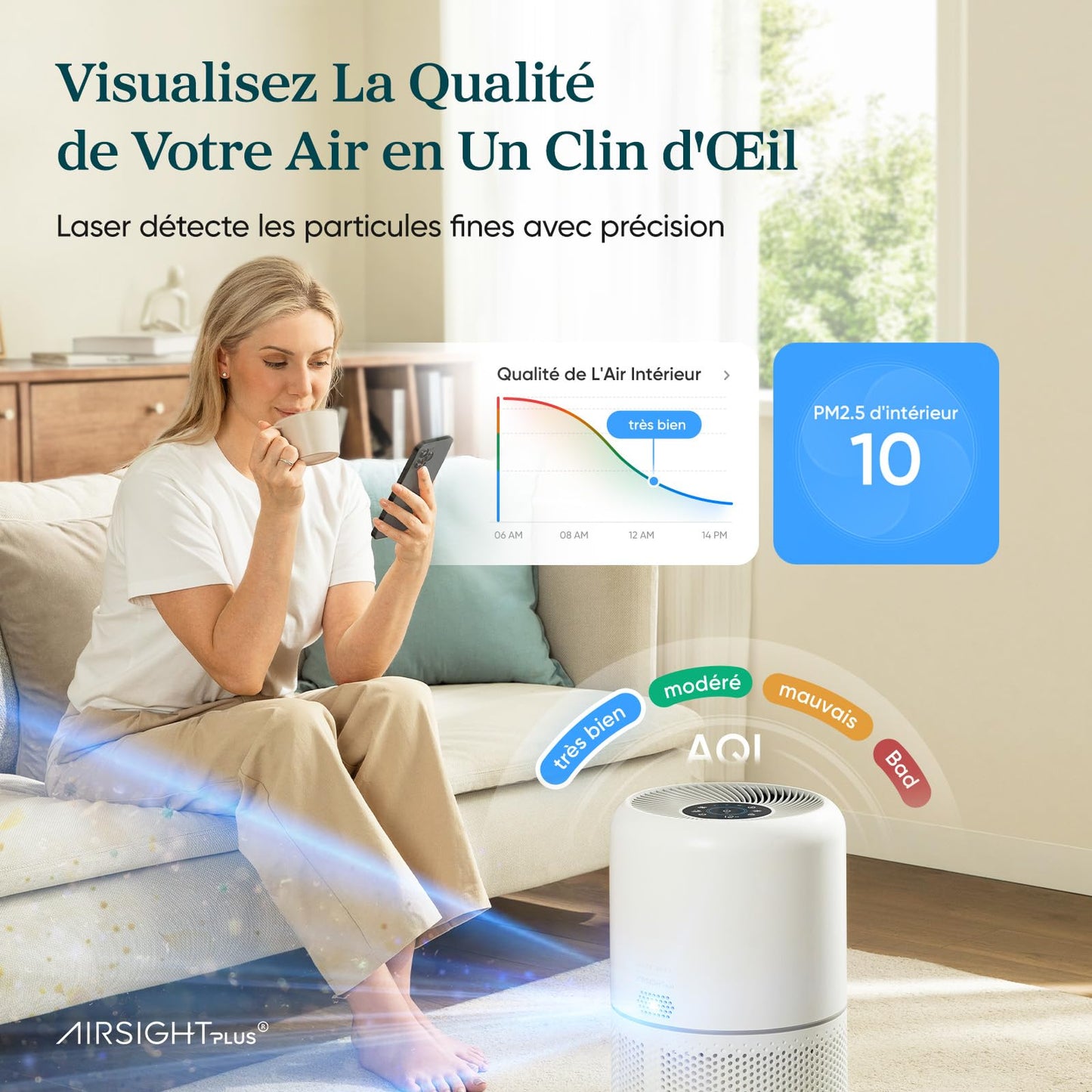 LEVOIT Purificateur d'Air HEPA Intelligent contre Allergie Pollen & Graminée, Purifier jusqu'à 50㎡, Surveille La Qualité de l'Air, Contrôle par App Alexa, 22dB Silencieux, Core 300S