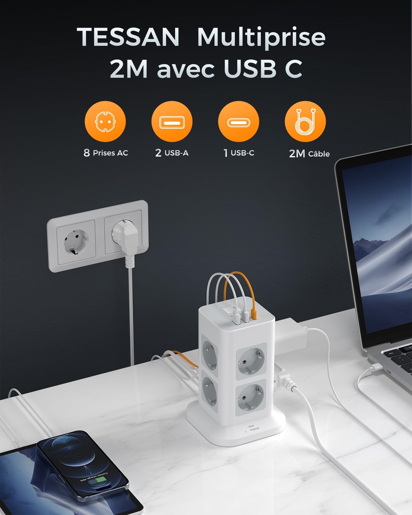 TESSAN Tour Multiprise Parafoudre et Surtension avec 8 Sortie AC et 3 Ports USB, Adaptateur Secteur 3600W avec Interrupteur et Rallonge Electrique 2M, Mult Prise Convient pour Bureau et Maison, Gris