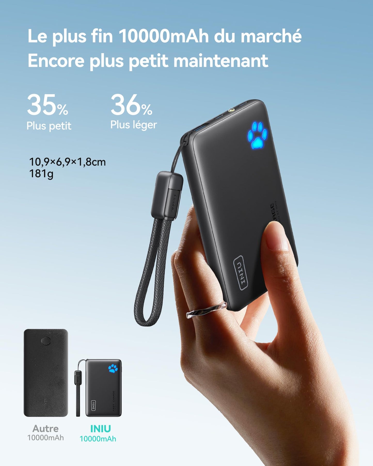 INIU Batterie Externe, 45W PD3.0 Le Plus Léger Power Bank 10000mAh, Batterie Portable USB C Input & Output Charge Rapide Powerbank Compatible avec iPhone 17 16 15 Pro Max Plus Samsung iPad Pro etc