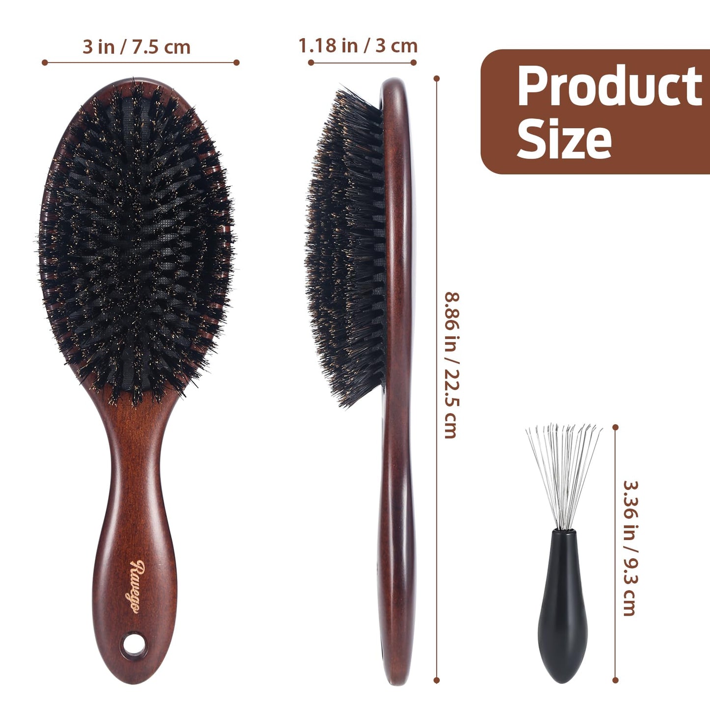 RAVEGO Brosse à cheveux en poils de sanglier pour femme, homme, enfant - Pour démêler et coiffer - Poils naturels pour cheveux fins et fins - Poils rigides