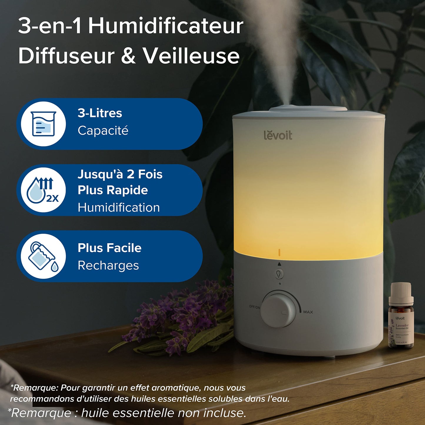 LEVOIT Humidificateur d'Air Chambre 3L Top-Fill, 25H d'Autonomie, <28dB Ultrasonique Silencieux, avec Veilleuse, Diffuseur, Arrêt Automatique, Buse à 360°, Brume Froide, Sans BPA pour Dual 150