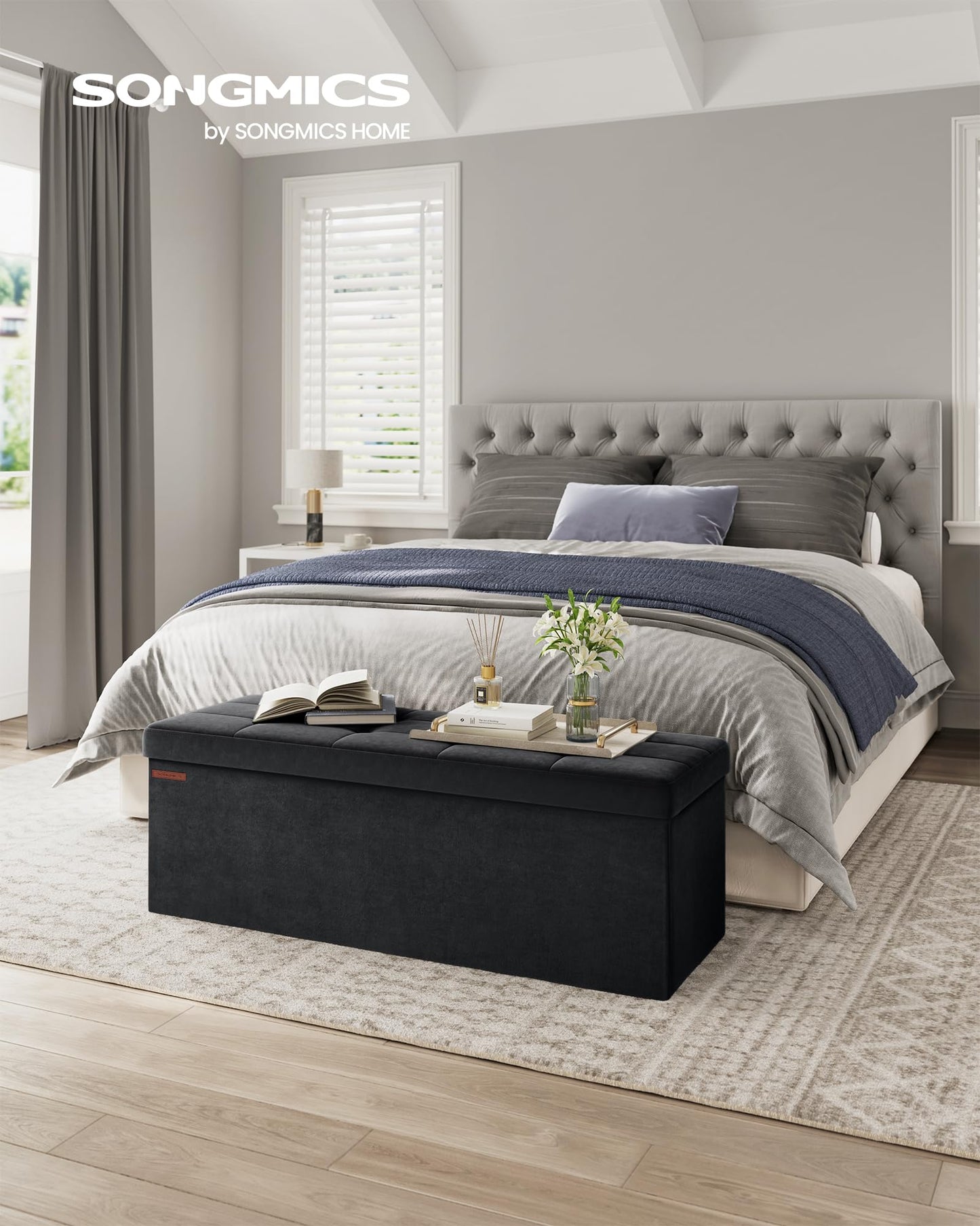 SONGMICS Banc de Rangement, Pouf Pliable, 38 x 110 x 38 cm, Bout de Lit, Repose-Pieds, Coffre de Rangement, Charge jusqu'à 300 kg, pour Salon, Chambre, Entrée, Noir d'encre LSF277B01