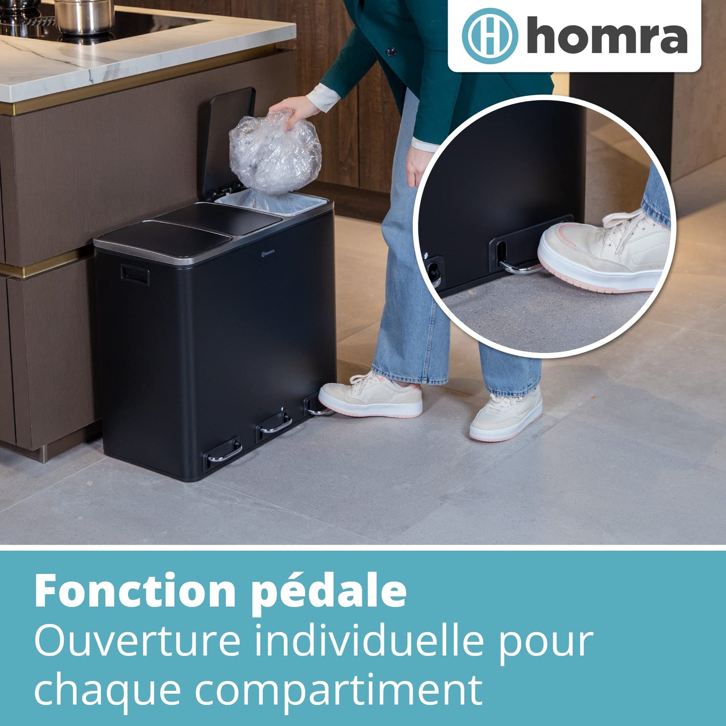 Homra Sparq Poubelle Tri Selectif 3 Bac | Poubelle Cuisine 54 Litres Acier inoxydable | Poubelle à Pédale 3x18 litres | Déchets et recyclage | 3 Bacs Amovibles et Fermeture Douce | Inox Noir
