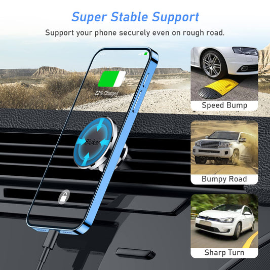 Blukar Support Téléphone Voiture Magnétique, Porte Telephone Voiture Aimanté Grille Aération, Super Solide Facilité&d'installation&Aimant Puissant&360°Rotation pour iPhone 17/16/15& 4-6.7" Smartphone