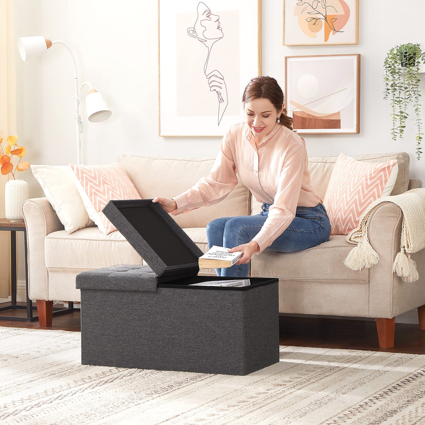 SONGMICS Banc avec Espace de Rangement, Coffre de Rangement avec Couvercle, Pliable, Capacité de Charge 300 kg, 80L, 38 x 76 x 38 cm, Tissu Façon Lin, Gris Foncé LSF46GYZ