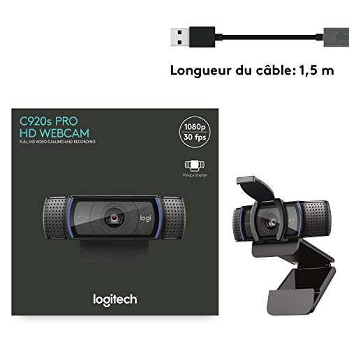Logitech C920s HD Pro Webcam Streaming, Full HD 1080p/30ips, Appels Vidéos, Audio Clair, Correction Automatique de la Lumière, Volet de Protection, Skype, Zoom, Camera PC/Mac/Portable/Tablette/XBox