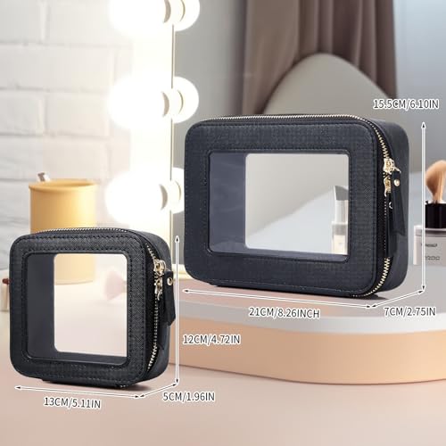 Pinkmik Trousse de maquillage transparente étanche pour cosmétiques et articles de toilette pour femme - Organiseur de sac à main et sac de voiture transparent avec fermeture éclair (noir, M + MINI)