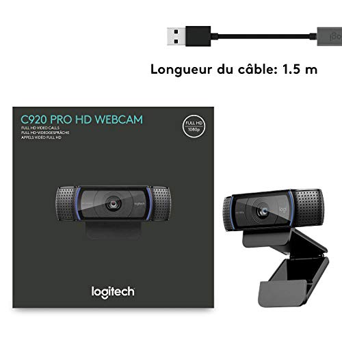 Logitech Webcam C920 HD Pro, Appels et Enregistrements Vidéo Full HD 1080p, Webcam Streaming, Deux Microphones, Petite, Agile, Réglable, PC/Mac/Portable/Tablette/Chromebook - Noir