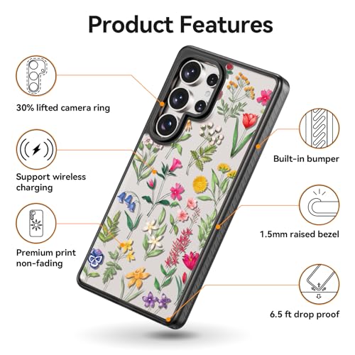 Rosarnnah Compatible avec Samsung Galaxy Ultra Coque mignonne esthétique – Durable antichoc de 2 m – Coque de téléphone avec motif de fleurs naturelles amusantes et tendance de 6,8 pouces, noir