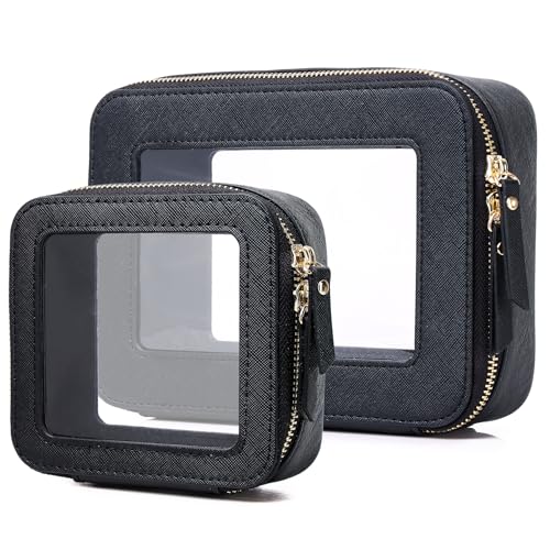 Pinkmik Trousse de maquillage transparente étanche pour cosmétiques et articles de toilette pour femme - Organiseur de sac à main et sac de voiture transparent avec fermeture éclair (noir, M + MINI)