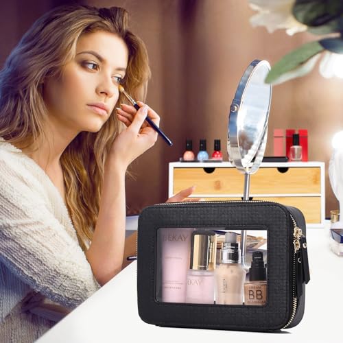 Pinkmik Trousse de maquillage transparente étanche pour cosmétiques et articles de toilette pour femme - Organiseur de sac à main et sac de voiture transparent avec fermeture éclair (noir, M + MINI)