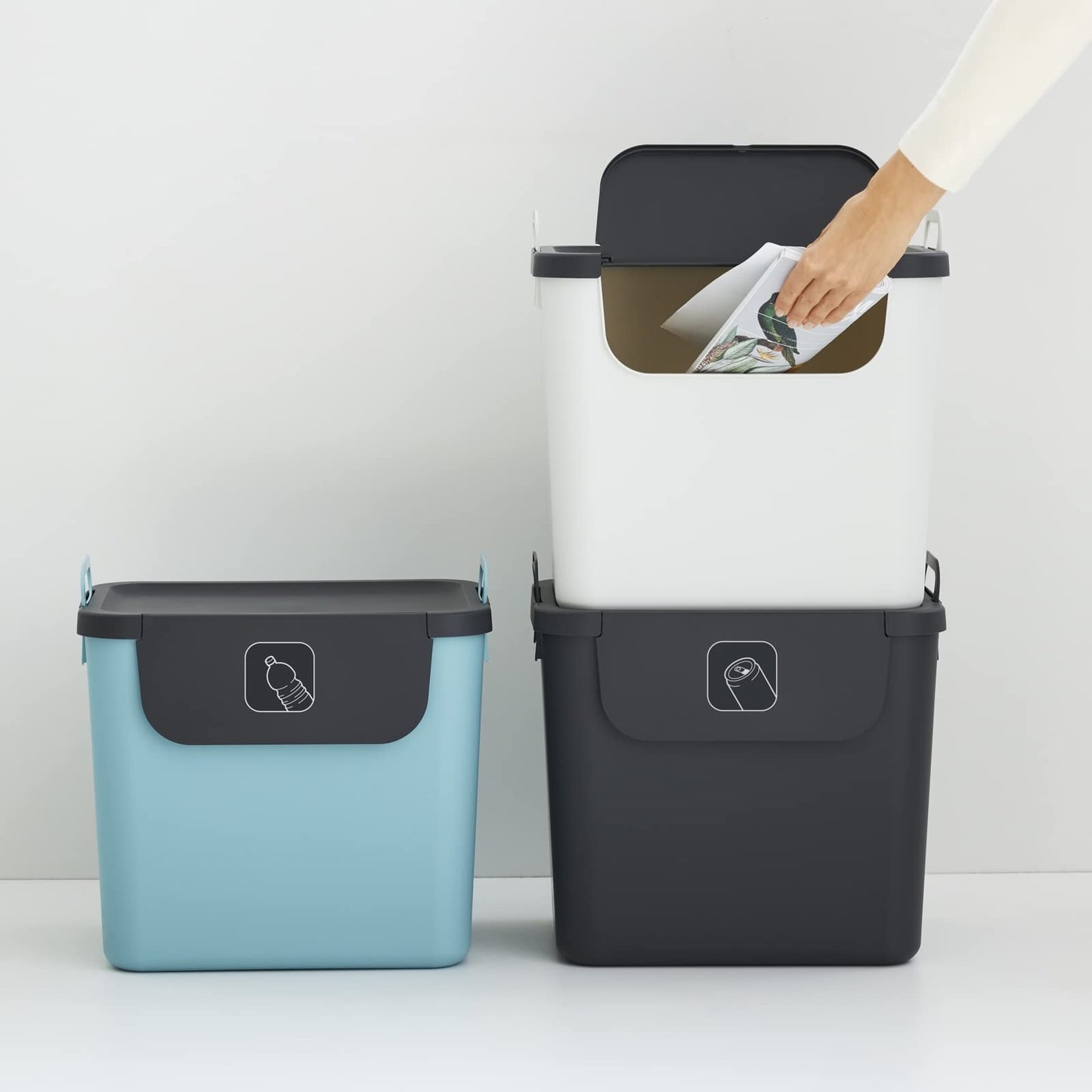 Jive Mülltrennsystem Set Set de 3 poubelles de tri 30l pour la cuisine, Plastique (PP recyclé), gris foncé/blanc/turquoise, 3 x 30l (39.8 x 29.8 x 50.1 cm)