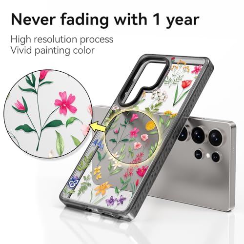 Rosarnnah Compatible avec Samsung Galaxy Ultra Coque mignonne esthétique – Durable antichoc de 2 m – Coque de téléphone avec motif de fleurs naturelles amusantes et tendance de 6,8 pouces, noir