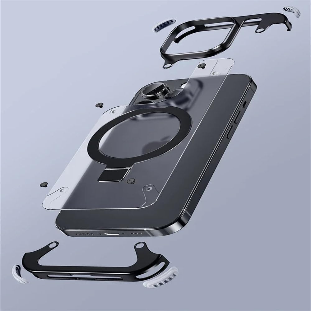 Coque de téléphone sans Monture avec Support en Aluminium magnétique pour iPhone 13 14 15 Pro Max 15 Plus Coque de téléphone en métal avec lentille Couverture arrière mate givrée, Noir, pour iPhone 15