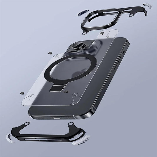 Coque de téléphone sans Monture avec Support en Aluminium magnétique pour iPhone 13 14 15 Pro Max 15 Plus Coque de téléphone en métal avec lentille Couverture arrière mate givrée, Noir, pour iPhone 15