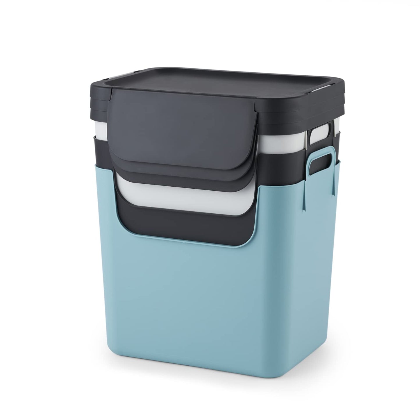 Jive Mülltrennsystem Set Set de 3 poubelles de tri 30l pour la cuisine, Plastique (PP recyclé), gris foncé/blanc/turquoise, 3 x 30l (39.8 x 29.8 x 50.1 cm)