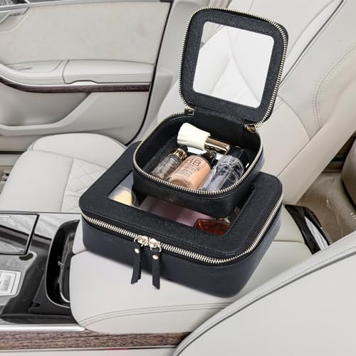 Pinkmik Trousse de maquillage transparente étanche pour cosmétiques et articles de toilette pour femme - Organiseur de sac à main et sac de voiture transparent avec fermeture éclair (noir, M + MINI)