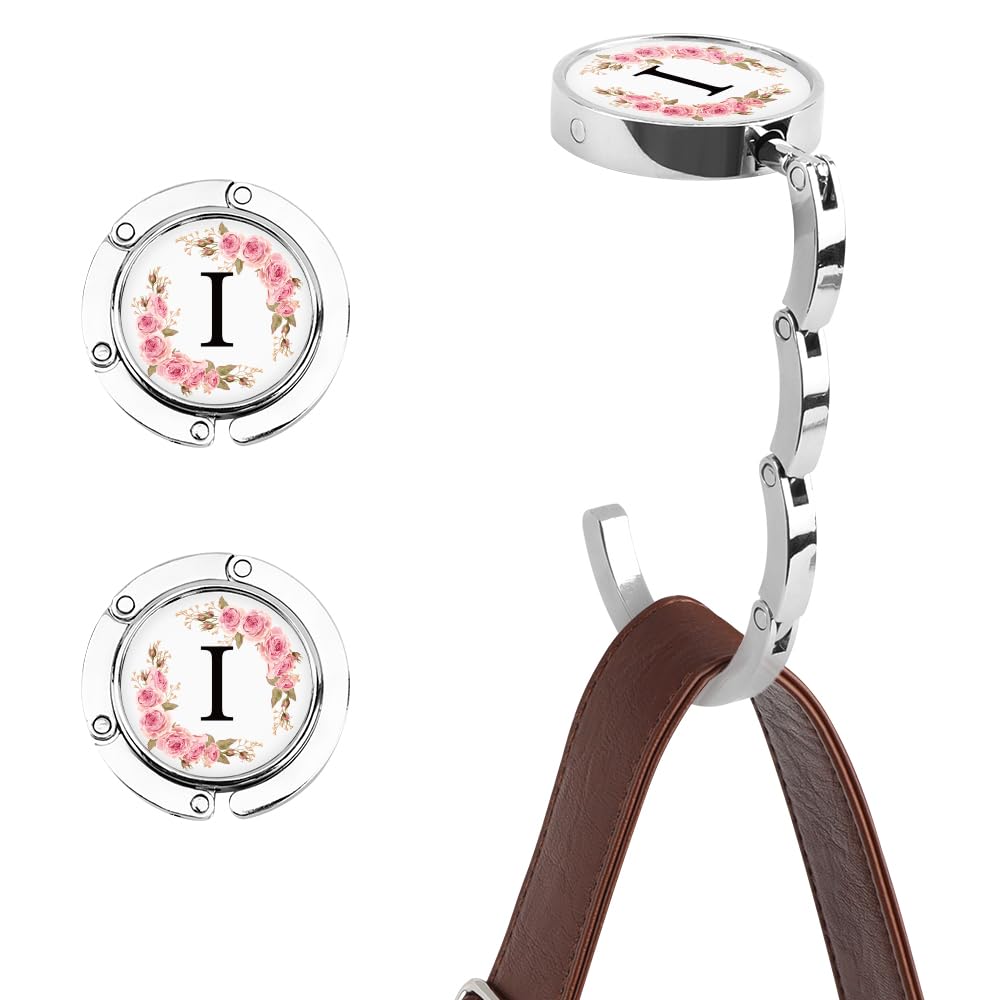 2PCS Lettre A-Z Crochet de Sac à Main, Accroche Sac à Main Initial Personnalisé pour Table, Porte Sac à Main Lettre Florale, Porte Sac à Main Pliable pour Femme, Crochet de Sac à Main pour Table (I)