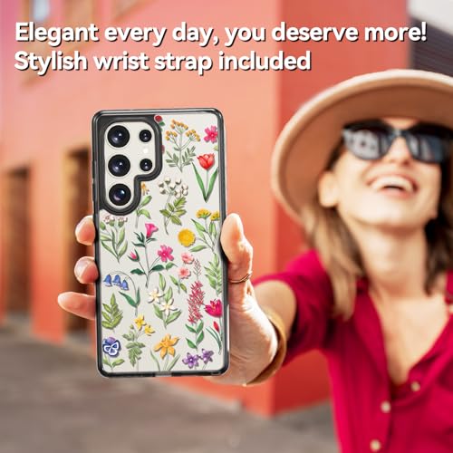 Rosarnnah Compatible avec Samsung Galaxy Ultra Coque mignonne esthétique – Durable antichoc de 2 m – Coque de téléphone avec motif de fleurs naturelles amusantes et tendance de 6,8 pouces, noir