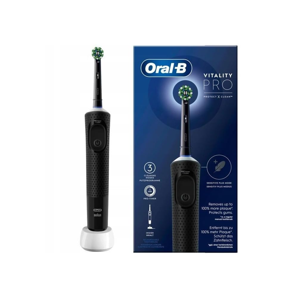Oral-B Vitality Pro Brosse A Dents Electrique Noire, Pour Adultes, Modes De Nettoyage Avec Sensibilité Plus, 1 Brossette De Rechange, 1 Chargeur