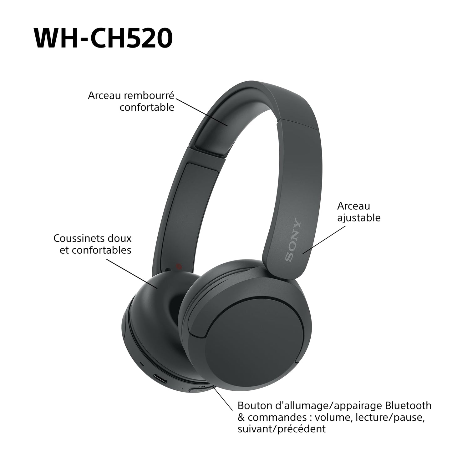 Sony WH-CH520 - Casque Bluetooth sans Fil, Multipoint, Micro intégré - jusqu'à 50 Heures d'autonomie et Charge Rapide - Noir