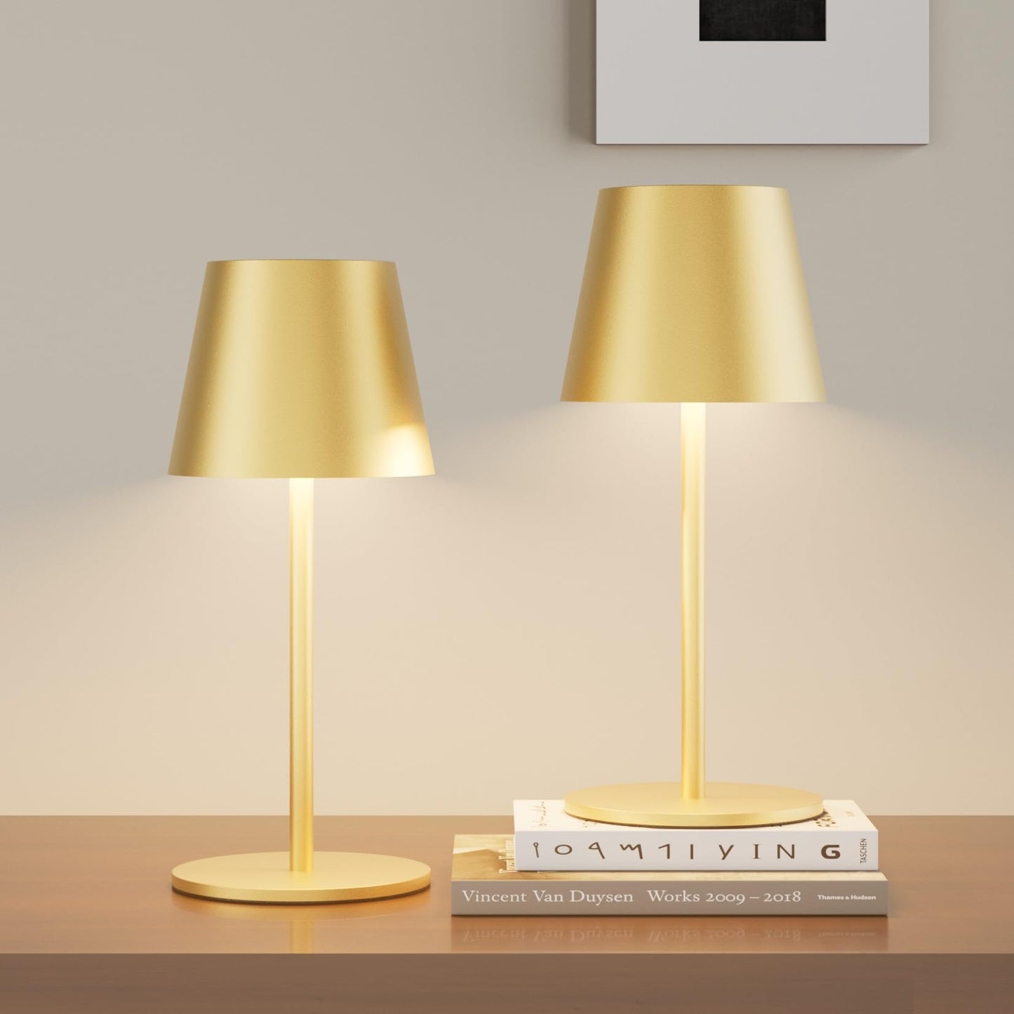 lundwa 2 pièces lampes de table LED à intensité variable, sans fil, rechargeables, couleur de lumière chaude 3000K, USB-C, aluminium, IP54,Pour le salon, le jardin, la salle à manger(Or mat)