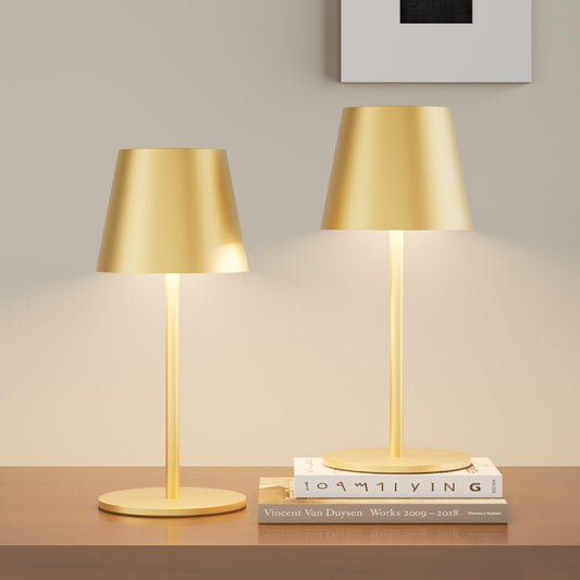 lundwa 2 pièces lampes de table LED à intensité variable, sans fil, rechargeables, couleur de lumière chaude 3000K, USB-C, aluminium, IP54,Pour le salon, le jardin, la salle à manger(Or mat)