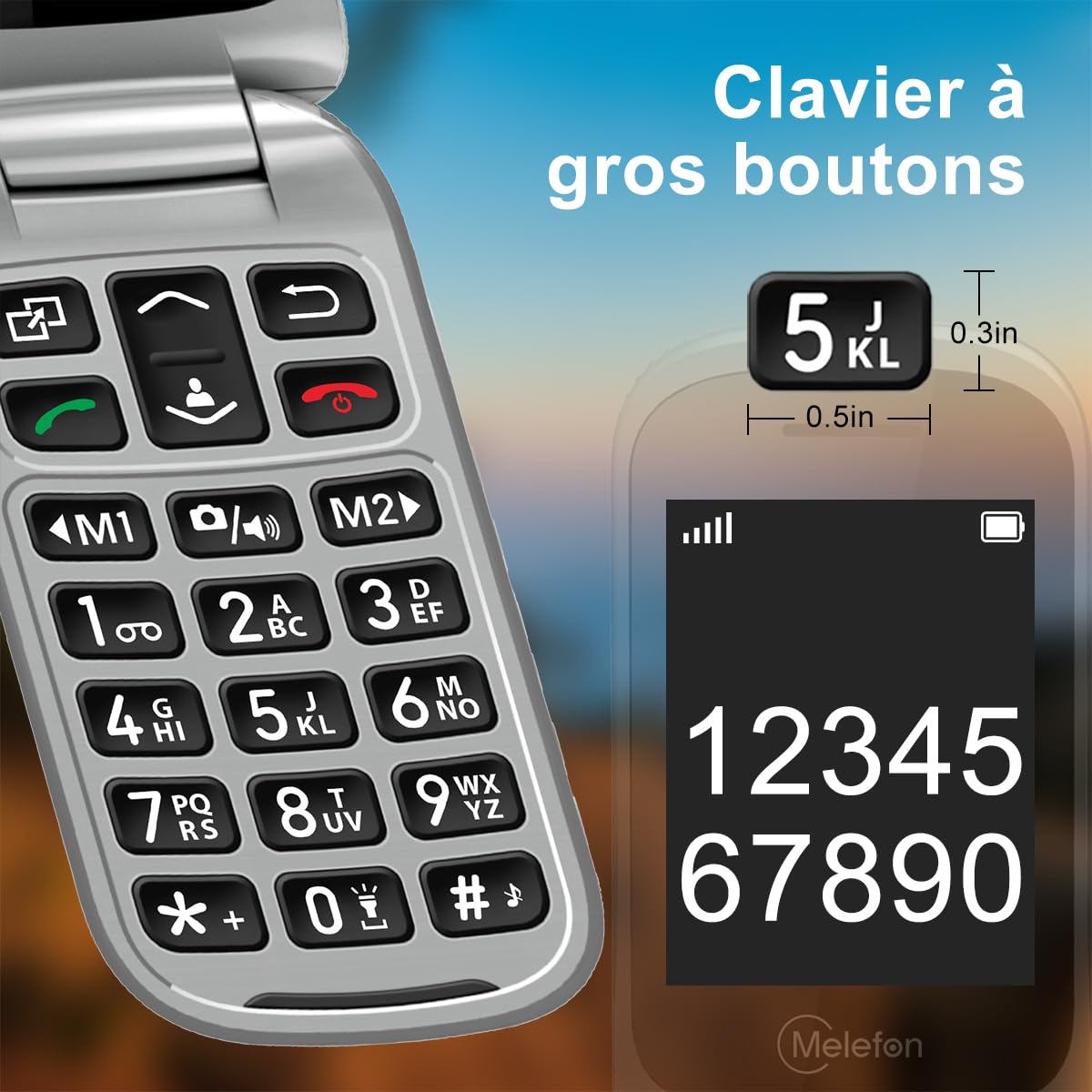 Melefon Téléphone Portable à Clapet pour Senior avec Bouton SOS,Touches d'Appel Rapide - Le pour Vos Parents