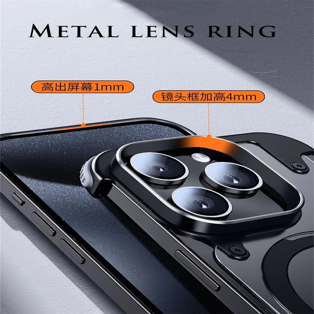 Coque de téléphone sans Monture avec Support en Aluminium magnétique pour iPhone 13 14 15 Pro Max 15 Plus Coque de téléphone en métal avec lentille Couverture arrière mate givrée, Noir, pour iPhone 15