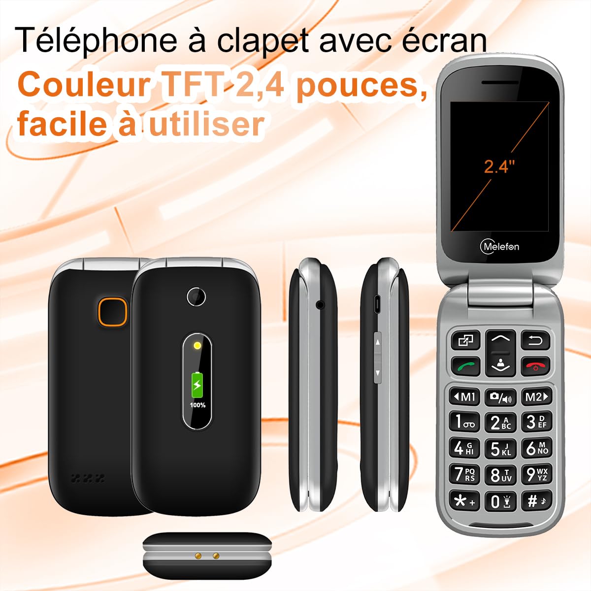Melefon Téléphone Portable à Clapet pour Senior avec Bouton SOS,Touches d'Appel Rapide - Le pour Vos Parents