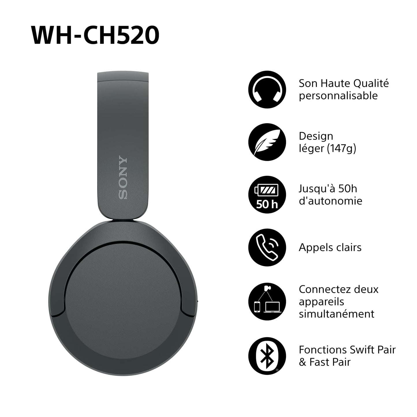 Sony WH-CH520 - Casque Bluetooth sans Fil, Multipoint, Micro intégré - jusqu'à 50 Heures d'autonomie et Charge Rapide - Noir