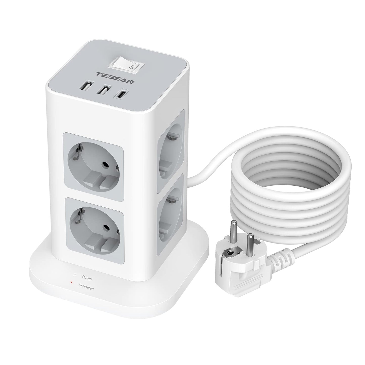 TESSAN Tour Multiprise Parafoudre et Surtension avec 8 Sortie AC et 3 Ports USB, Adaptateur Secteur 3600W avec Interrupteur et Rallonge Electrique 2M, Mult Prise Convient pour Bureau et Maison, Gris