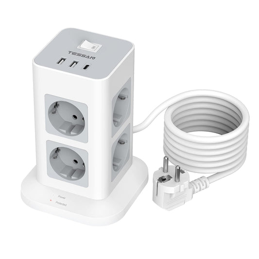 TESSAN Tour Multiprise Parafoudre et Surtension avec 8 Sortie AC et 3 Ports USB, Adaptateur Secteur 3600W avec Interrupteur et Rallonge Electrique 2M, Mult Prise Convient pour Bureau et Maison, Gris