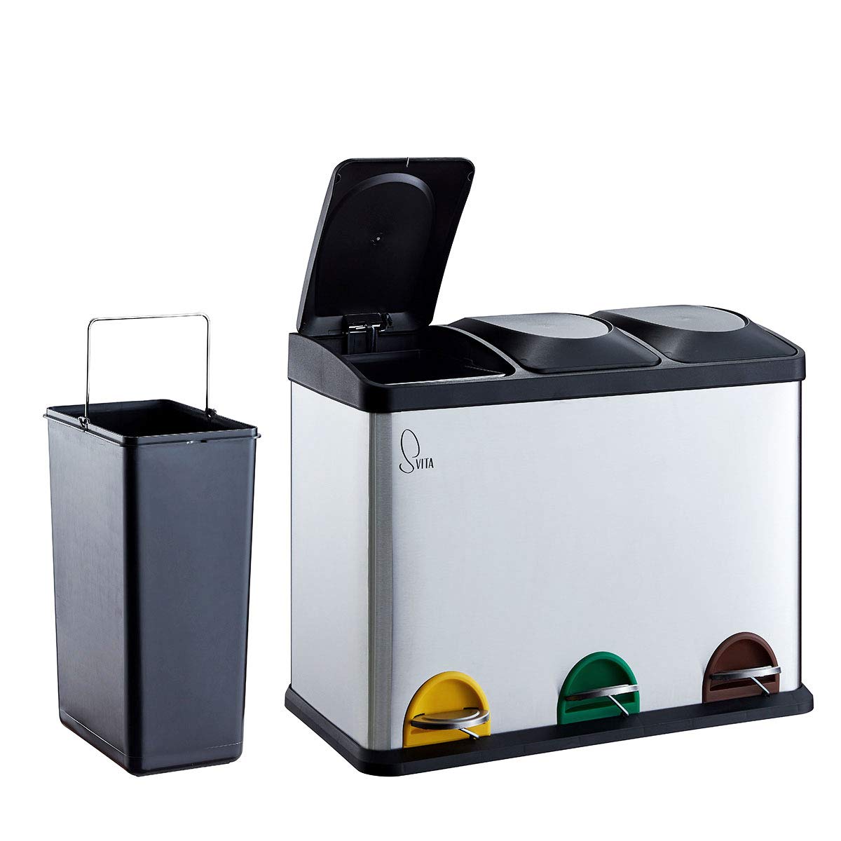 SVITA TC3X15 Lot de 3 poubelles à pédale en acier inoxydable Argenté 45 l 3 x 15 l