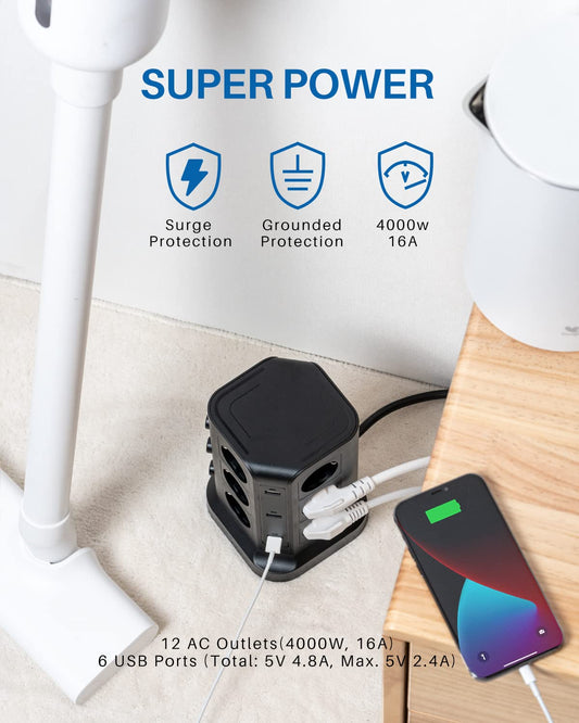 KOOSLA Tour multiprise parafoudre et surtension(4000W/16A), Multiprise Electrique avec 6 Ports USB et 12 Prises, multiprise avec et 3 Interrupteurs, 2M Cordon, Noir