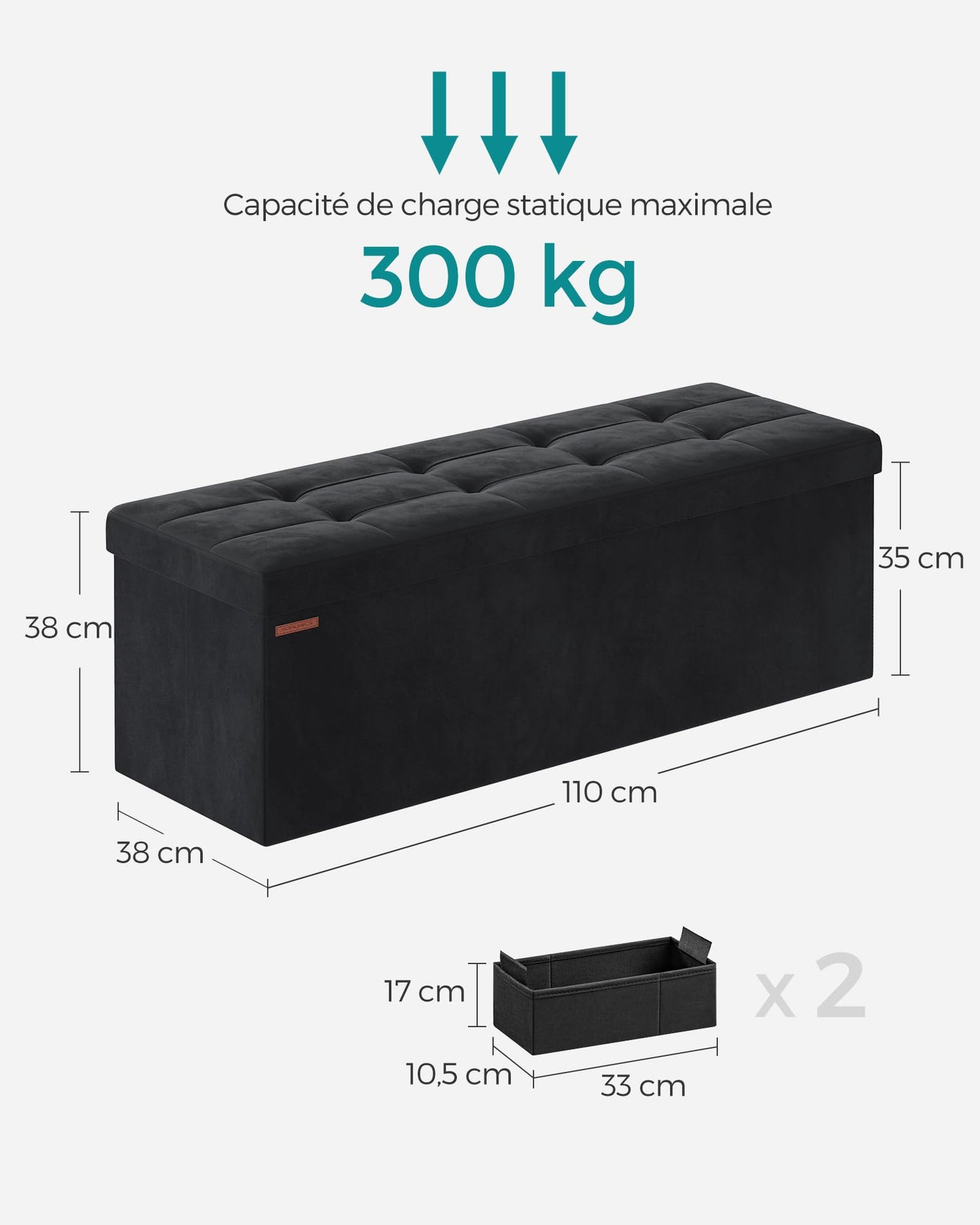 SONGMICS Banc de Rangement, Pouf Pliable, 38 x 110 x 38 cm, Bout de Lit, Repose-Pieds, Coffre de Rangement, Charge jusqu'à 300 kg, pour Salon, Chambre, Entrée, Noir d'encre LSF277B01